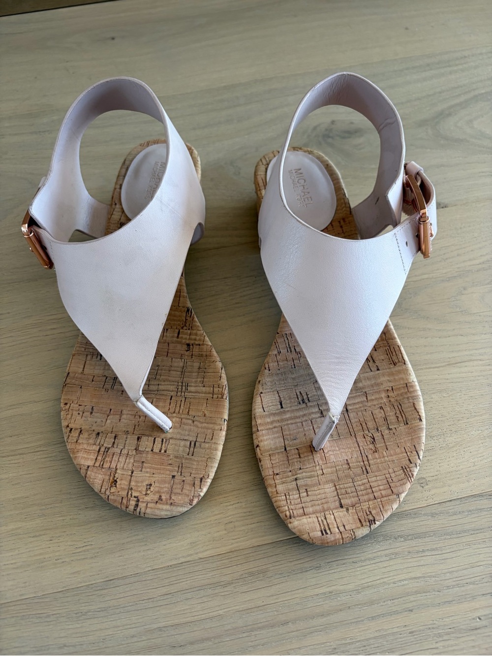 Michael Kors pink cork Thong Sandals with Rose Gold Buckle